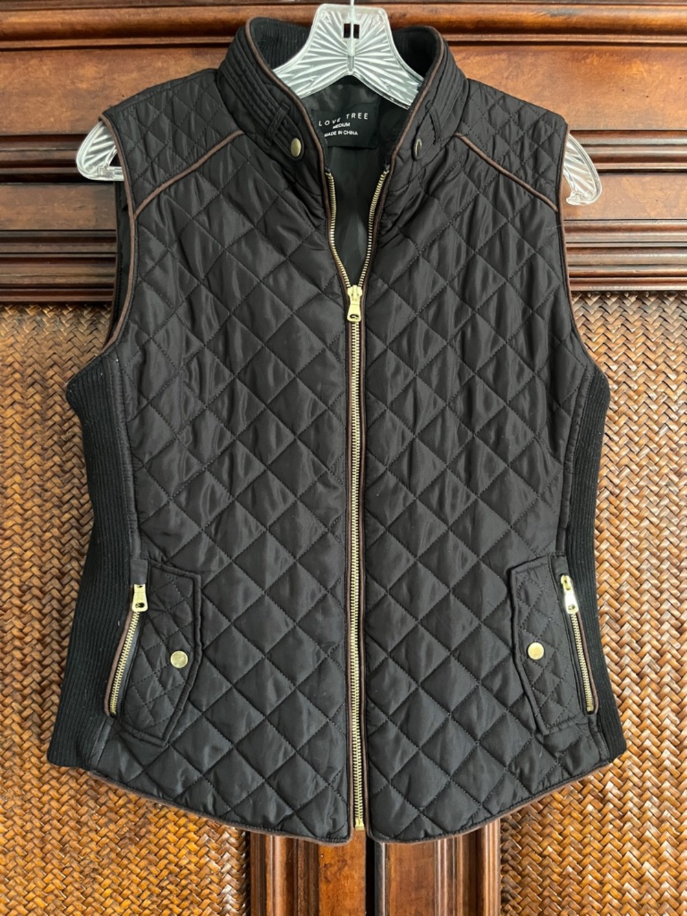 Love Tree Black Quilted Vest with Gold Hardware